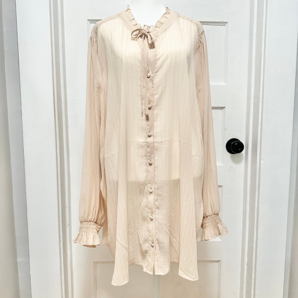 Torrid Plus Size 6 Cream Chiffon Metallic Pinstripe Bow Tie Blouse New